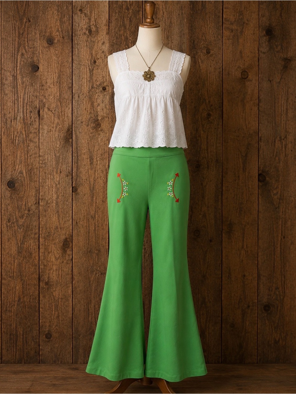 Vintage 70s - Green Flared Pants with Embroidered Detail
